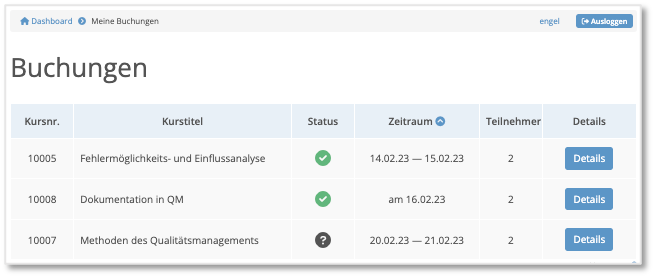 Übersicht über alle Buchungen im Firmenportal