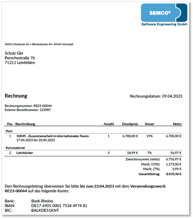 Firmenrechnung, Abrechnungsart Festpreis