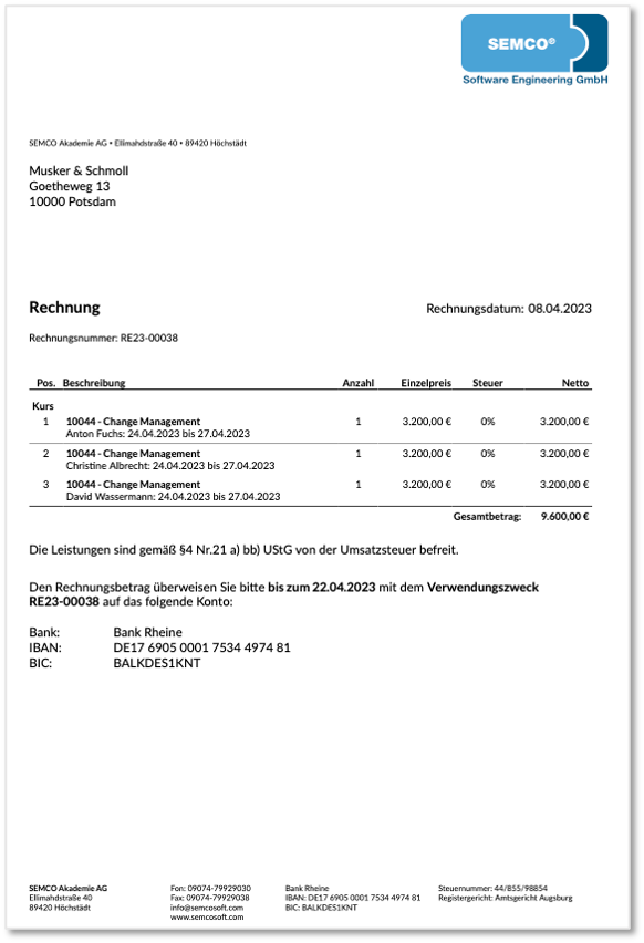 Firmenrechnung, Abrechnungsart Preis pro Teilnehmer