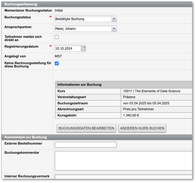 Formular für Firmenbuchung über Besteller mit Warenkorb