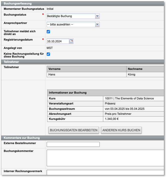 Formular für Firmeneinzelbuchungen mit Warenkorb
