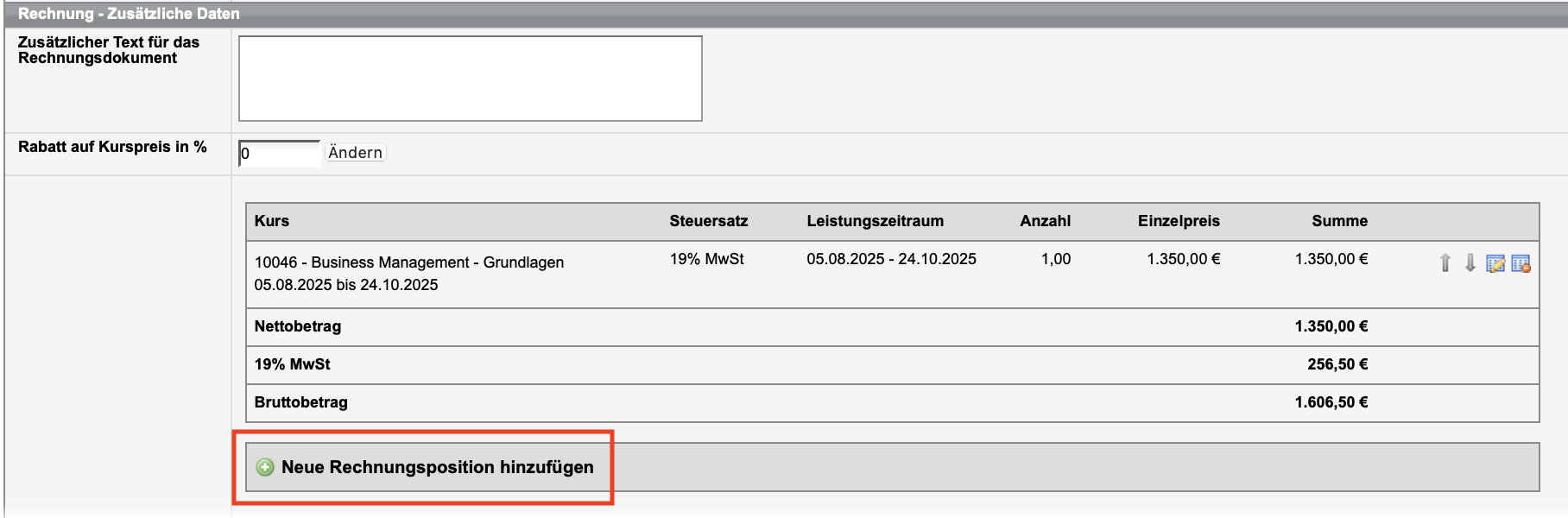 Screenshot des Formulars Rechnungserstellung im Bereich Zusätzliche Daten