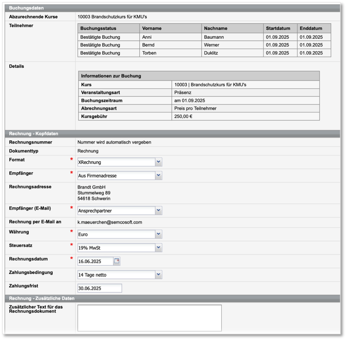 Screenshot des Formulars Rechnungserstellung mit Unterabschnitten