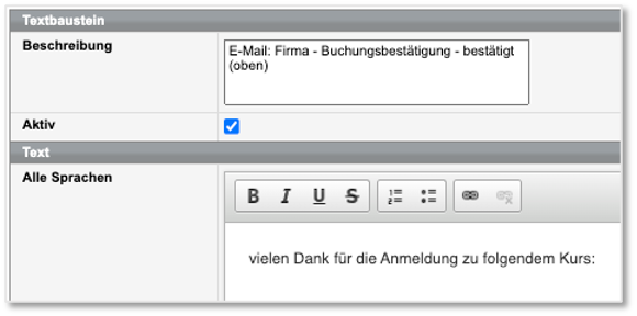 Formular Textbaustein ändern