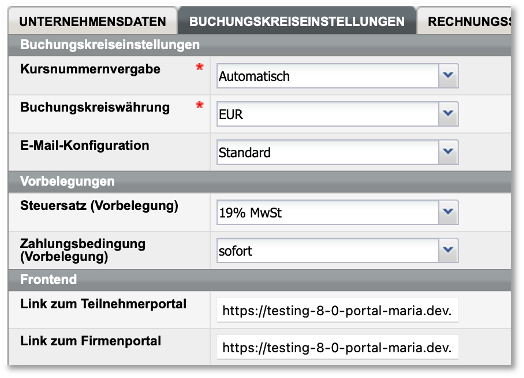 Formular Unternehmensdaten, Registerkarte Buchungskreiseinstellungen