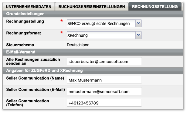 Formular Unternehmensdaten, Registerkarte Rechnungsstellung