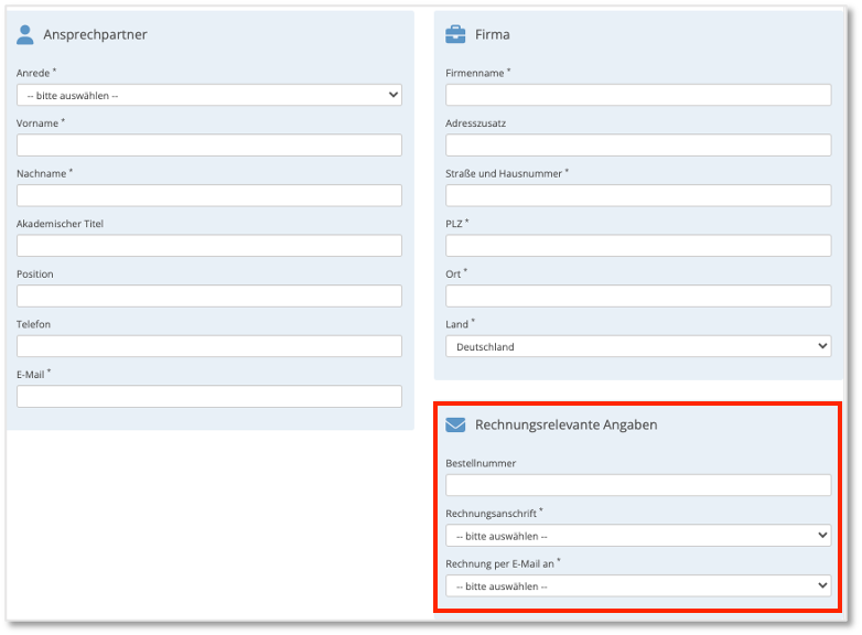 Formular für Buchungen über Besteller – Ansprechpartner- und Firmendaten