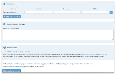 Formular für Buchungen über Besteller – Teilnehmerdaten und Buchungskommentar
