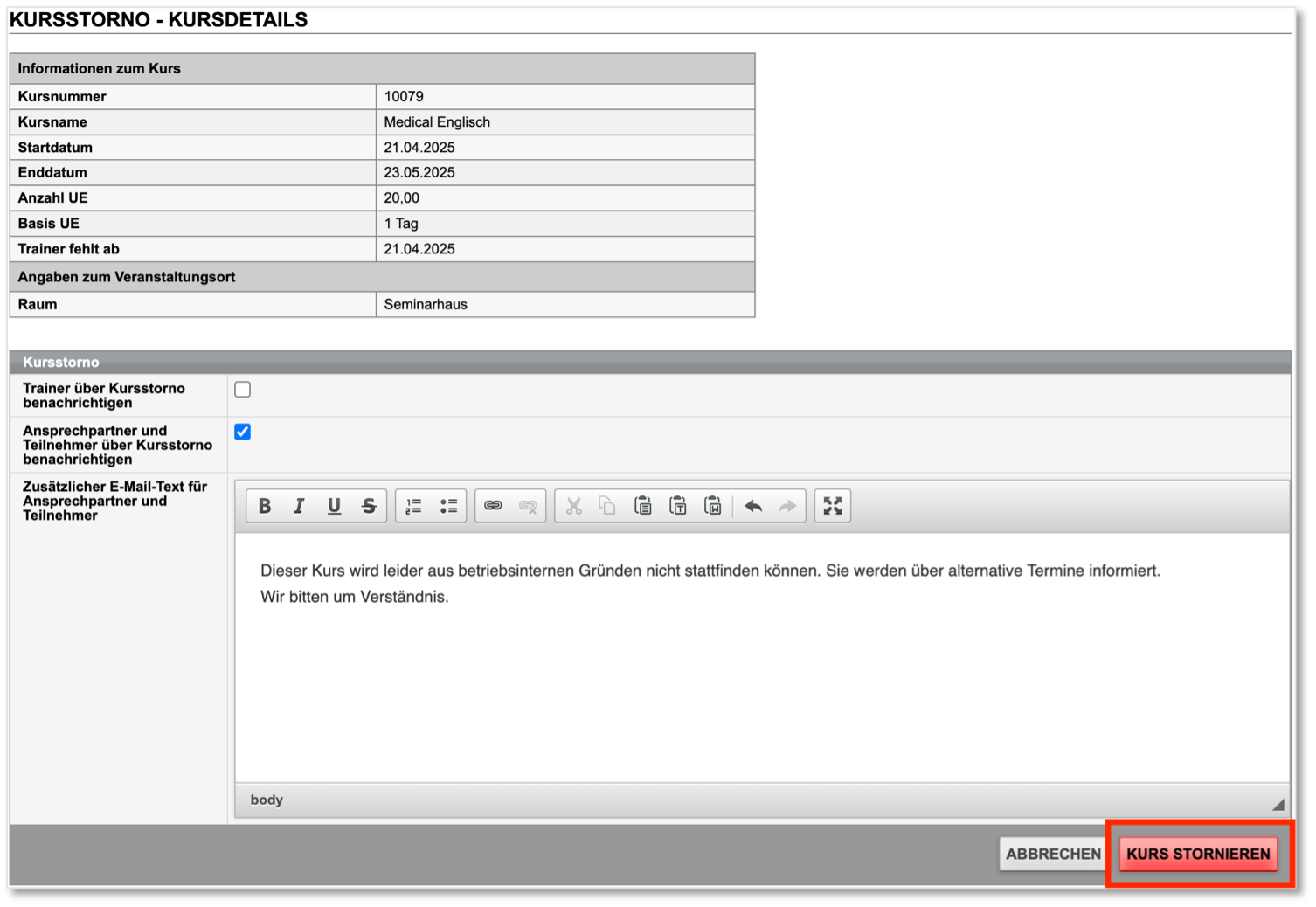 Formular für Kursstorno