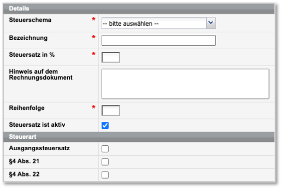 Formular Neuen Steuersatz anlegen