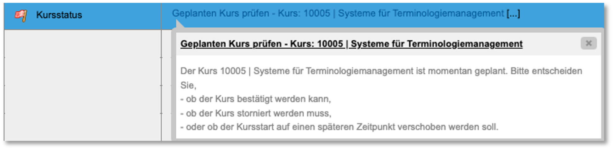 Inbox-Aufgabe: Geplanten Kurs prüfen