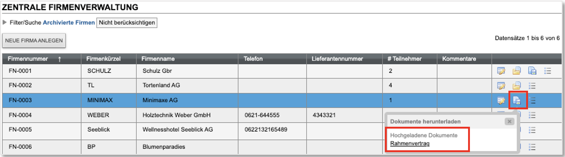 Hochgeladene Dokumente in der Zentralen Firmenverwaltung