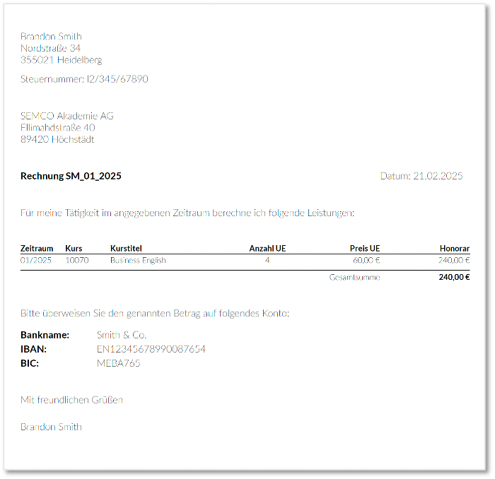 Honorarrechnung Trainer