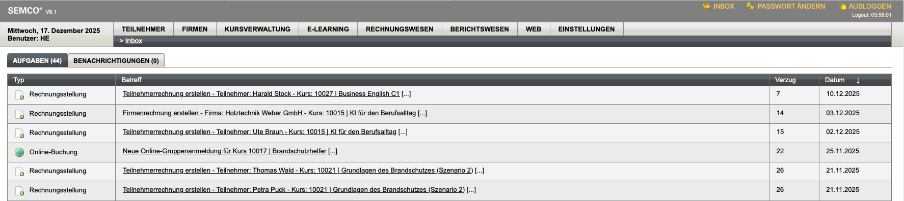 Inbox beim Öffnen von SEMCO