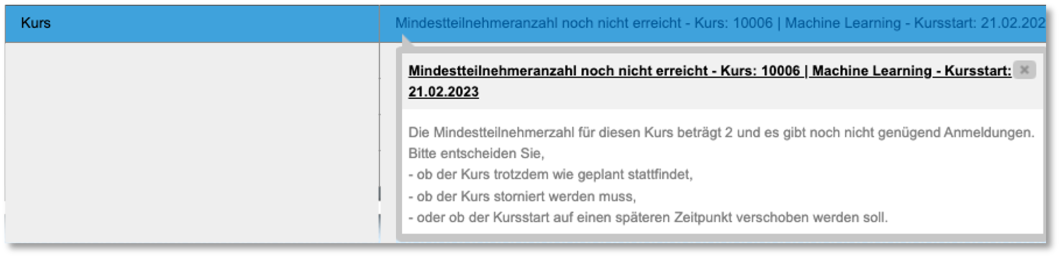 Inbox-Benachrichtigung: Teilnehmeranzahl nicht erreicht
