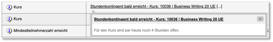 Benachrichtigung über das baldige Erreichen des Stundenkontingents