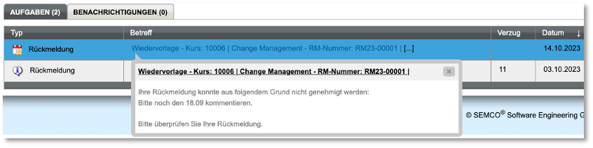 Inbox-Aufgabe wegen Wiedervorlage einer Rückmeldung