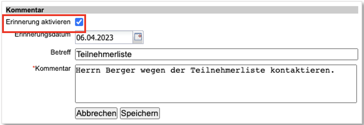 Screenshot Kommentarfeld in Firmenstammdaten