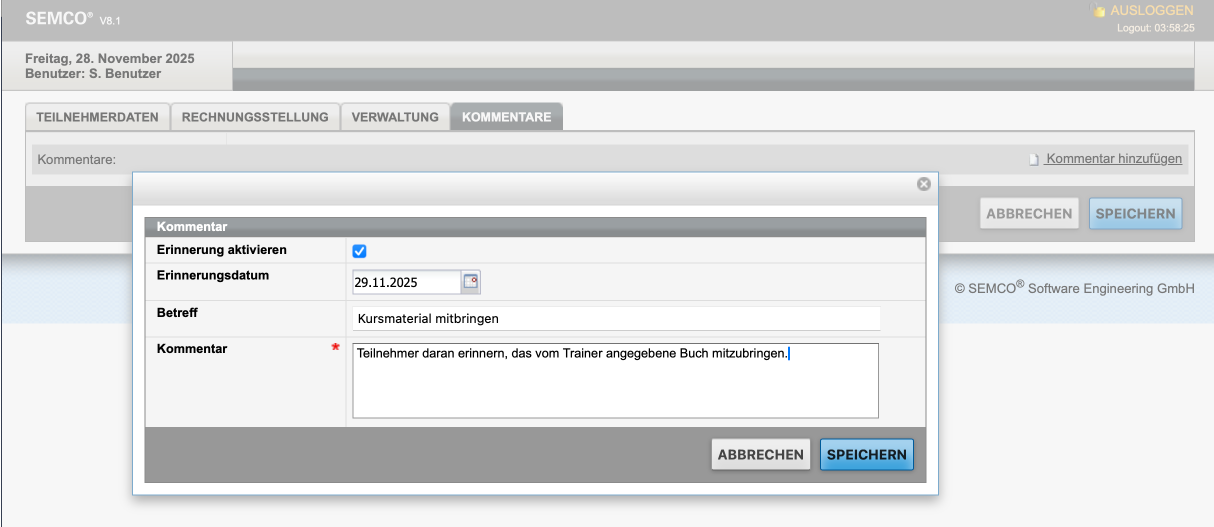 Registerkarte Kommentar mit Erinnerungsfunktion
