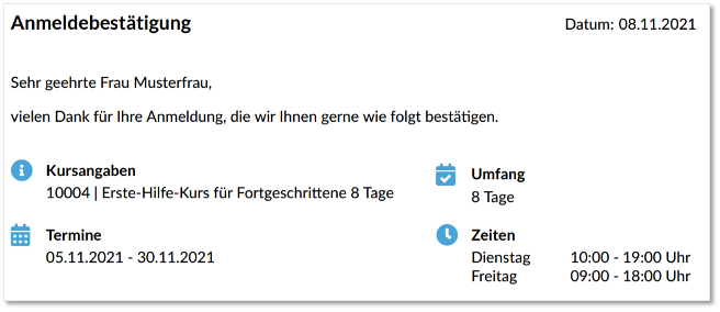 Kompakte Termindarstellung in Buchungsbestätigungen