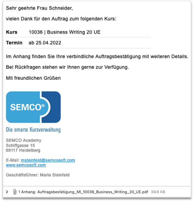 Auftragsbestätigungs-E-Mail für einen Kontingentkurs