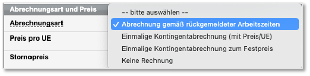 Kursformular für Kontingentkurse – Abrechnungsart und Preis definieren