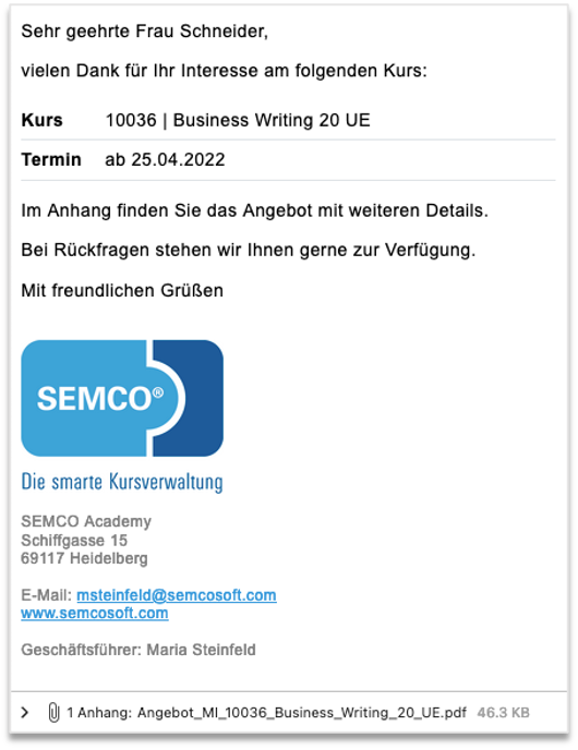 Angebots-E-Mail für einen Kontingentkurs