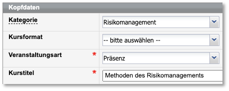 Kursformular, Bereich "Kopfdaten"