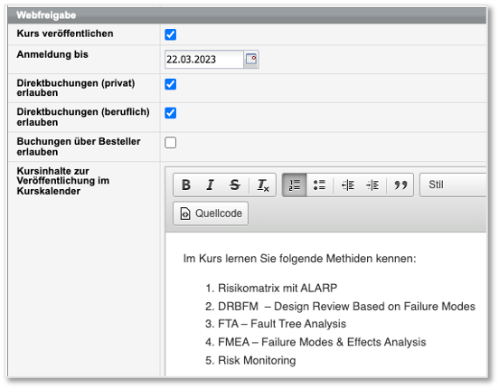Kursformular, Bereich "Webfreigabe"