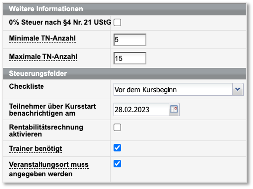 Kursformular, Bereiche "Weitere Informationen" & „Steuerungsfelder“