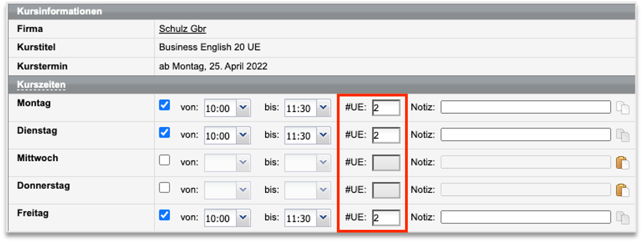 Kursformular für Kontingentkurse – Anzahl der Unterrichtseinheiten eintragen