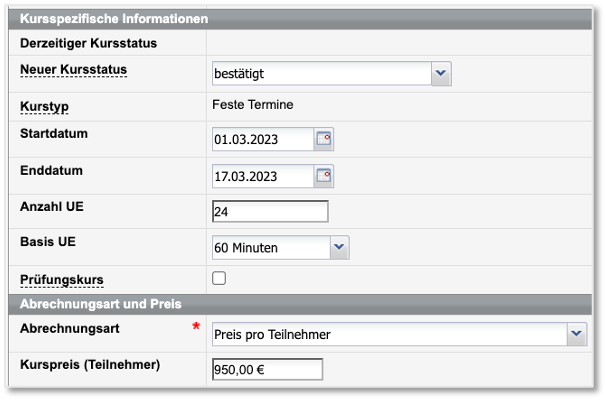 Kursformular, "Kursspezifische Informationen" & "Abrechnungsart und Preis"