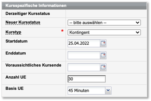 Kursformular Kontingentkurse – Kursspezifische Informationen