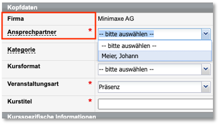 Kopfdaten im Kursformular bei firmenexklusiven Kursen
