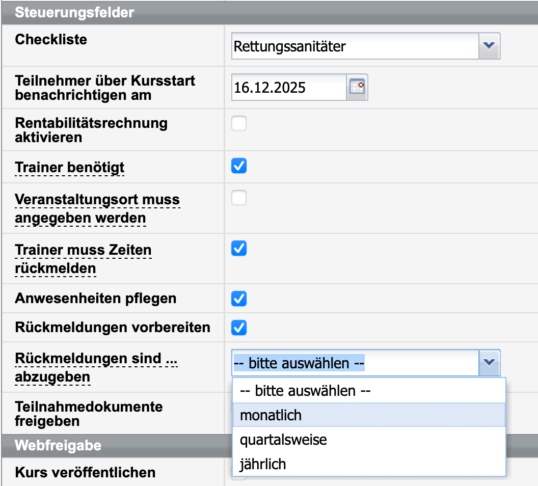 Diverse Steuerungsfelder für Rückmeldungen im Kursformular (SEMCO-Version 8.1)