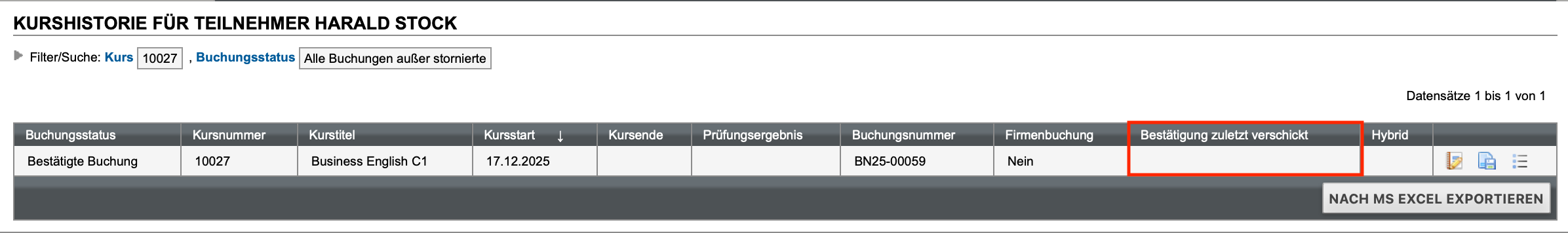 Neue Spalte in der Kurshistorie eines Teilnehmers