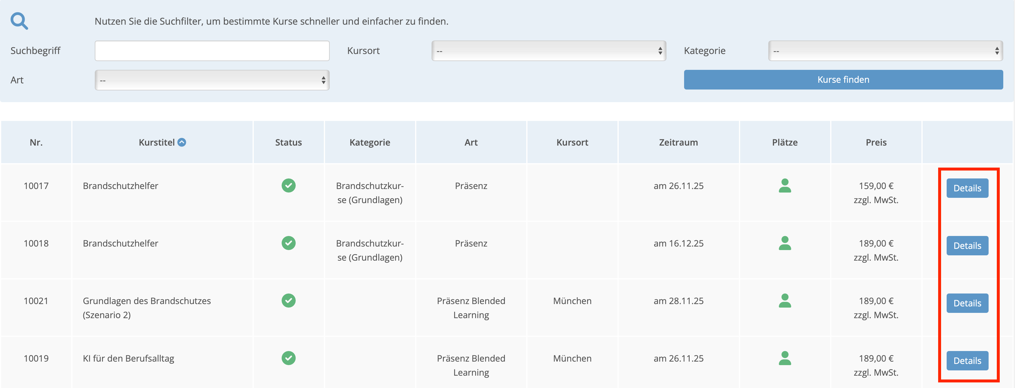 Kurskalender im Teilnehmerportal