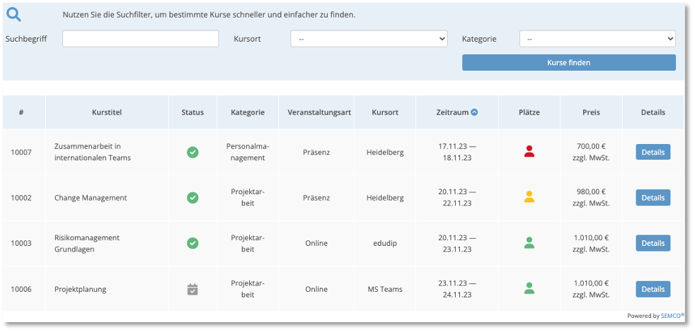 Kurskalender - tabellarische Übersicht