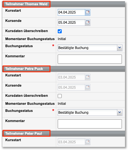 Kursstart und -ende für einzelne Teilnehmer bearbeiten