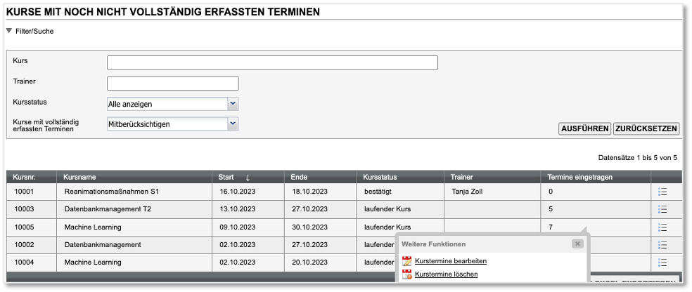 Kursterminliste mit Weiteren Funktionen