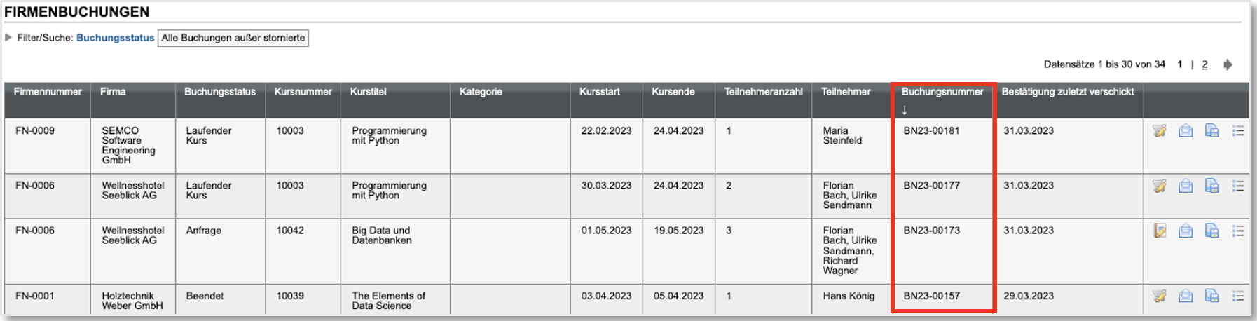 Screenshot Liste aller Firmenbuchungen