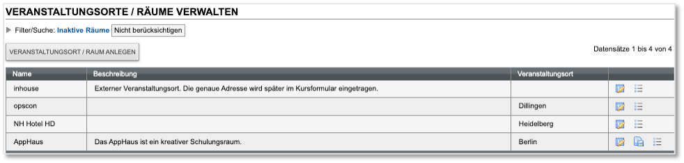 Liste aller angelegten Veranstaltungsorte
