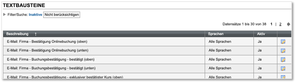 Liste editierbarer Textbausteine