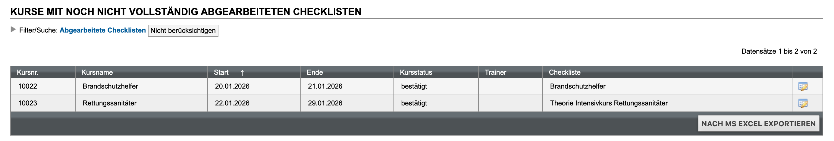 Übersichtsliste mit noch nicht abgearbeiteten Checklisten