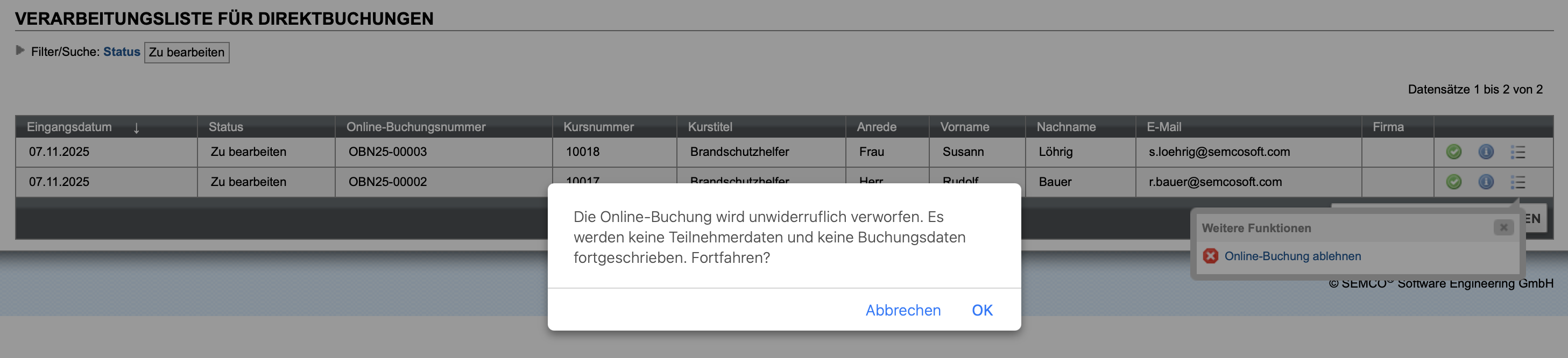 Meldung nach Ablehnung einer Online-Buchung