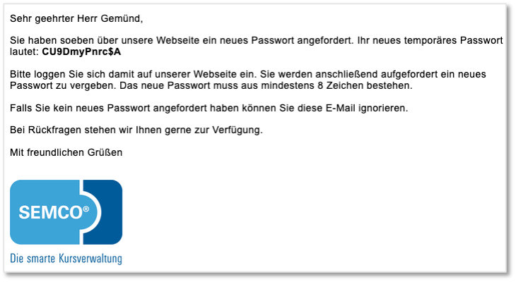 Neues Passwort zum Teilnehmerportal angefordert
