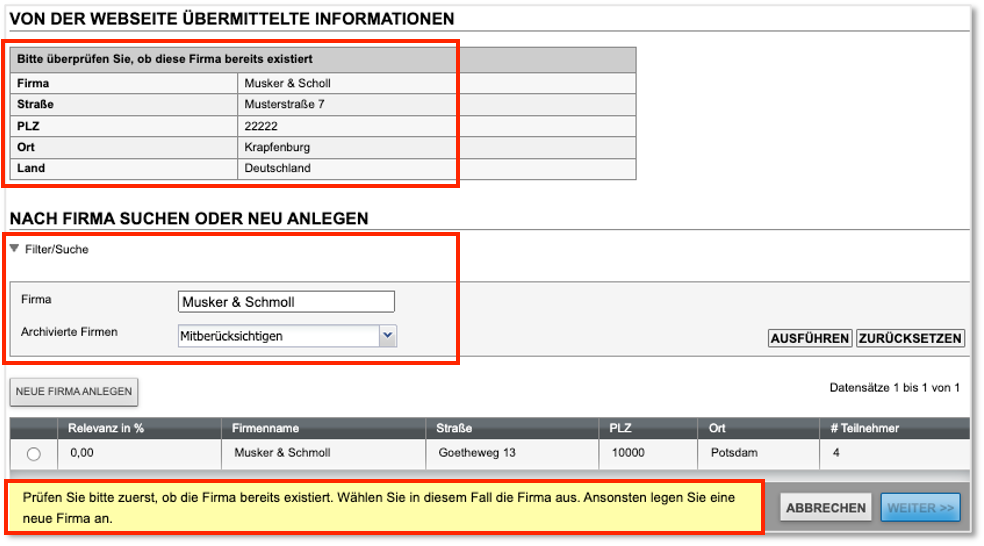 Berufliche Online-Privatbuchung - Buchungsformular