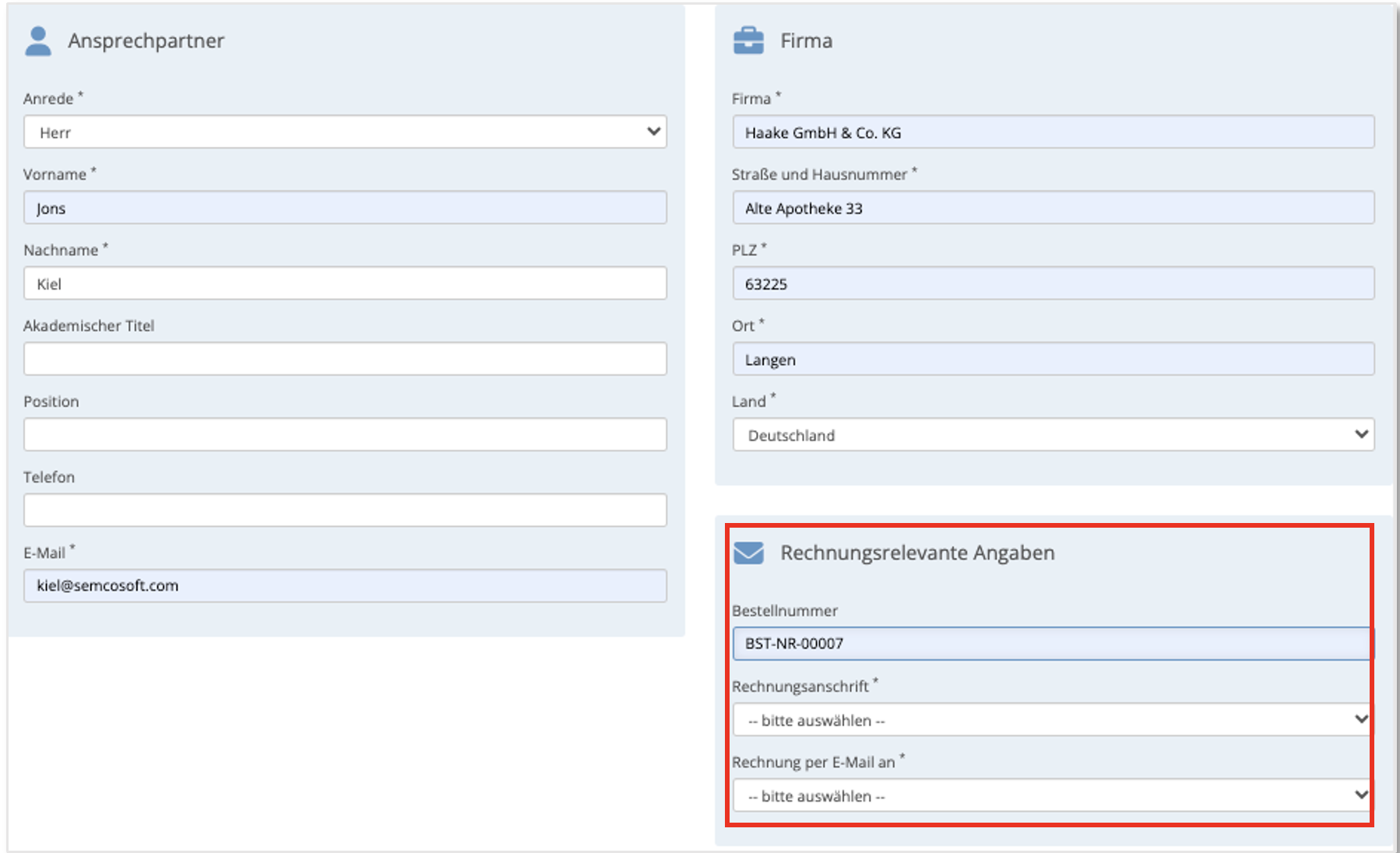 Screenshot Block Rechnungsrelevante Angaben für Firmeneinzel- und Sammelbuchungen
