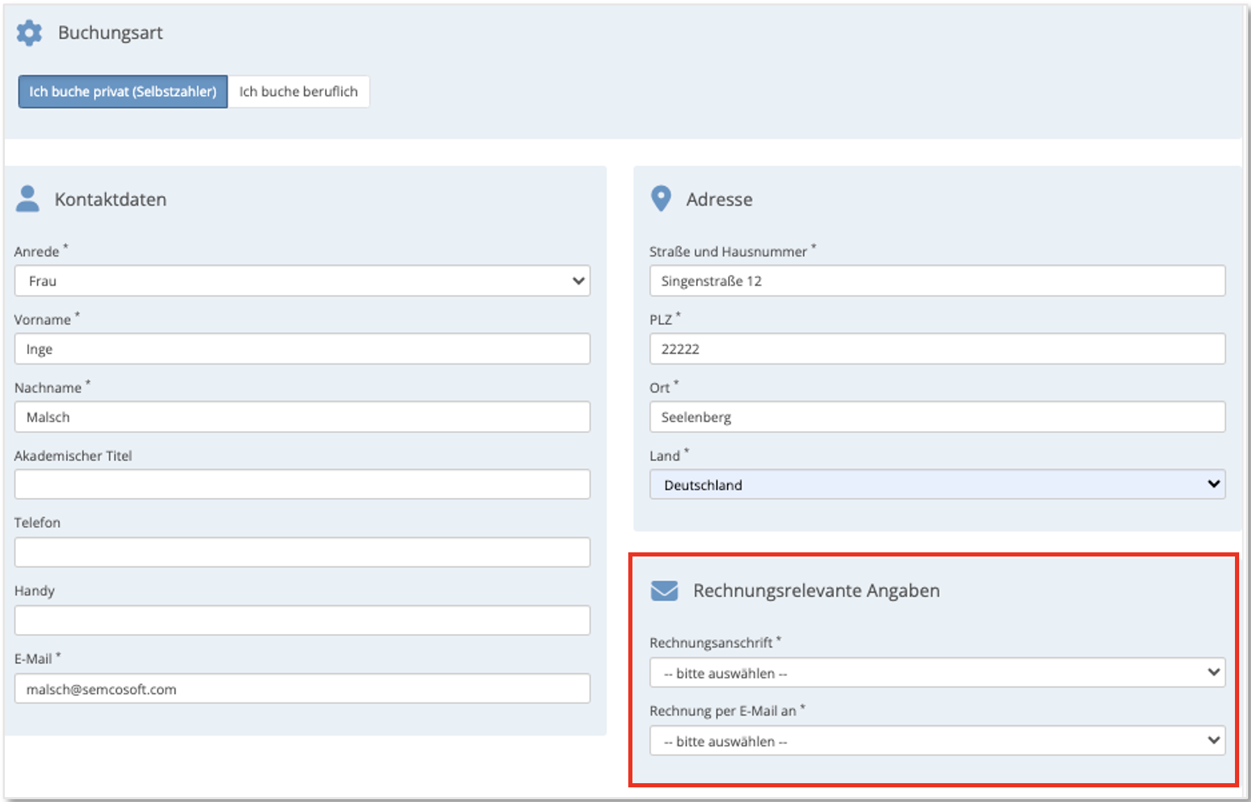 Screenshot Online-Buchungsformular, Block Rechnungsrelevante Angaben