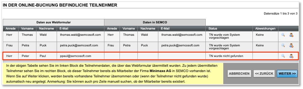 Online-Firmenbuchung über Besteller: TN-Daten abgleichen